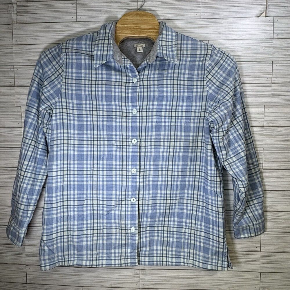 L.L. Bean Women's Button Down Shacket Sz XL Blue Plaid Fleece Lined Cotton - Picture 2 of 10
